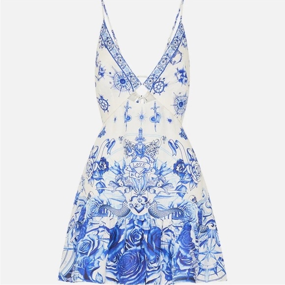 Bejeweled Linen Minidress with Cut Outs in Immortal Ink blue tattoo print - Picture 3 of 11